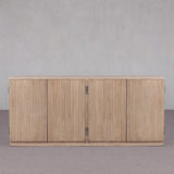 Wooden cabinet with slatted doors on a gray background