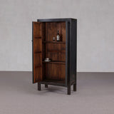 Wooden cabinet with open doors on a gray background