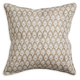 A square throw pillow featuring a repeating scallop or fan-like pattern in taupe brown and off-white.