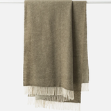 A folded woven scarf in a taupe-brown and cream herringbone pattern with cream fringe, hanging from a white rod against a light gray background.