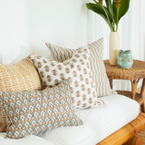 Decorative pillows on a white sofa with a side table and plant in the background