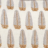 A close-up of a fabric or wallpaper pattern featuring repeating vertical feather-like motifs in warm tan and light gray on an off-white textured background.