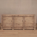 An antique gray wash sideboard with multiple compartments and a rectangular shape, placed against a neutral background.