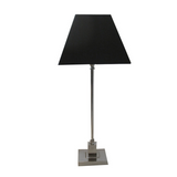 A nickel lamp base with a black square lampshade featured on a white background.