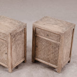 Two wooden nightstands with geometric patterns on a neutral background