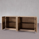 Wooden cabinet with open doors on a gray background