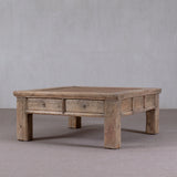 Reclaimed Pine Square Coffee Table with Rattan Inlay.