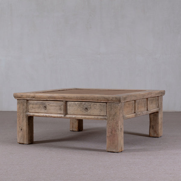Reclaimed Pine Square Coffee Table with Rattan Inlay.