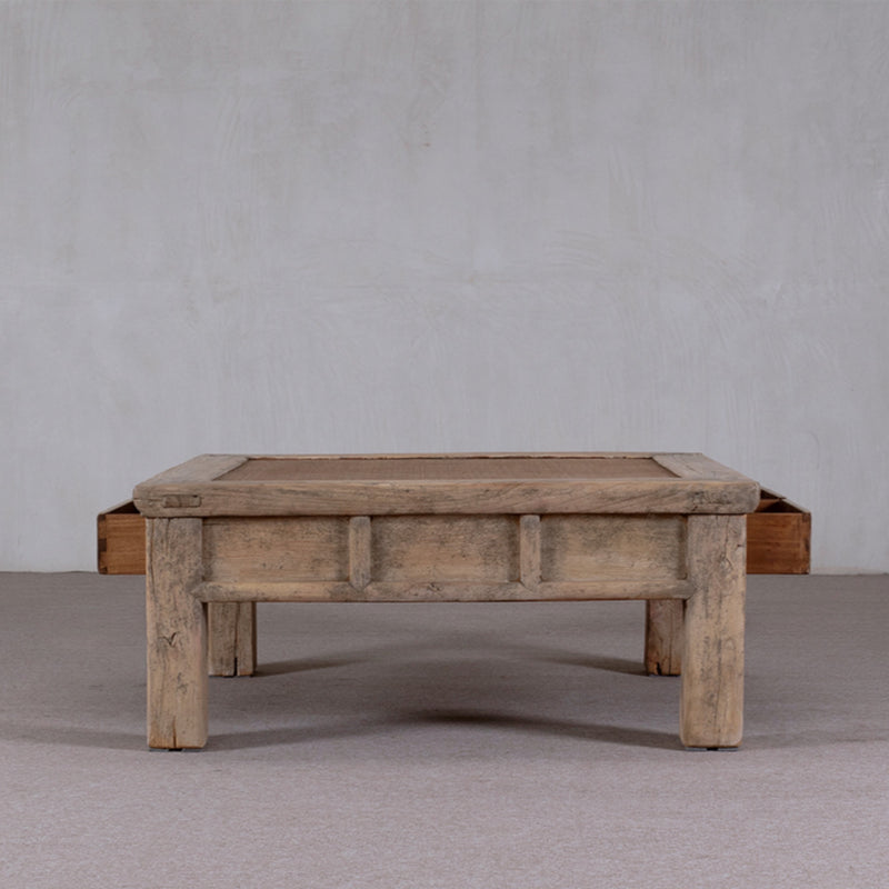 Reclaimed Pine Square Coffee Table with Rattan Inlay.