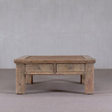 Reclaimed Pine Square Coffee Table with Rattan Inlay.