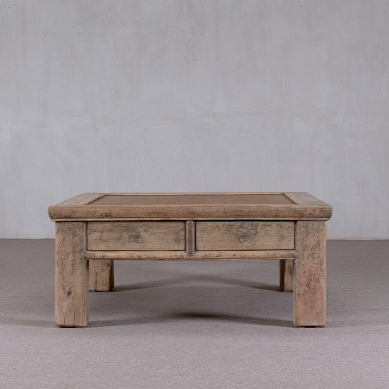 Reclaimed Pine Square Coffee Table with Rattan Inlay.