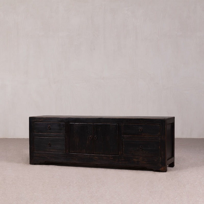Low Sideboard with 2 doors and 4 drawers in a Black Rustic Finish.