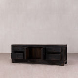 Low Sideboard with 2 doors and 4 drawers in a Black Rustic Finish.