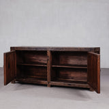 Wooden cabinet with open doors on a gray background