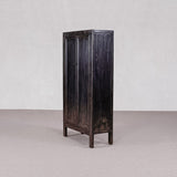 Dark wooden cabinet on a light gray background