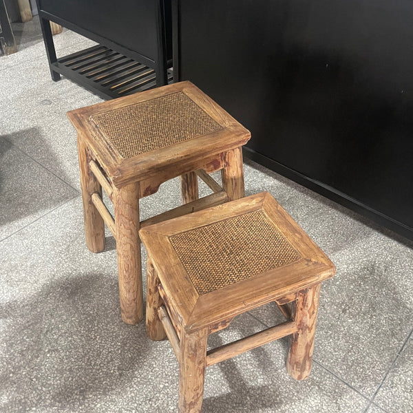 25203 Fir & Rattan Rounded Stool