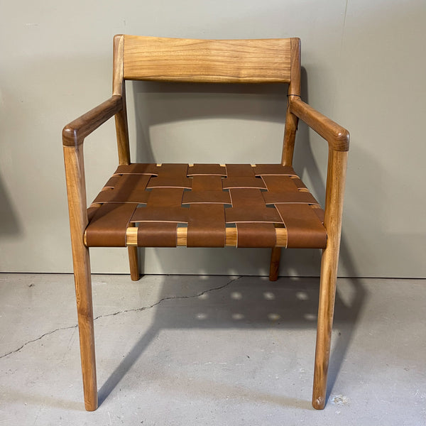 Teak Dining Chair w Wide Woven Leather 550 x 450 x 800H