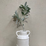 White cylindrical wall-mounted planter with a plant against a neutral background