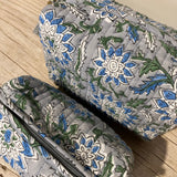 Two floral-patterned bags on a wooden surface
