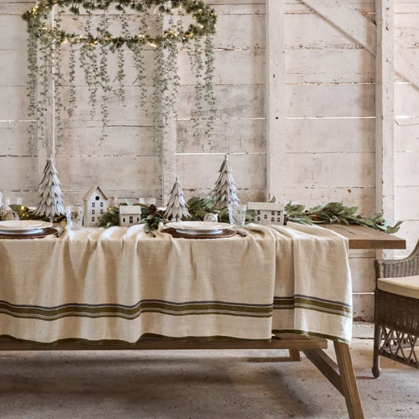 Green Selvedge Stripe Linen Tablecloth