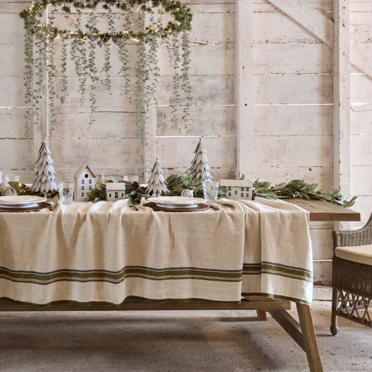 Green Selvedge Stripe Linen Tablecloth