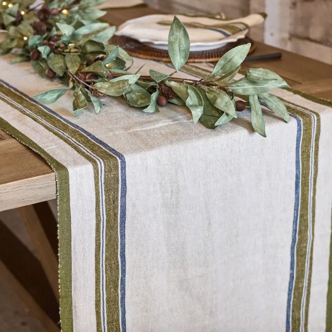 Green Selvedge Stripe Linen Table Runner