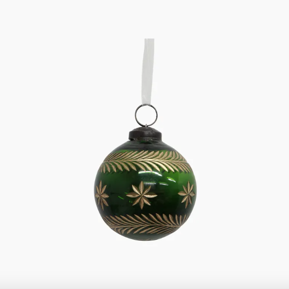 Etched Glass Bauble GREEN & GOLD 