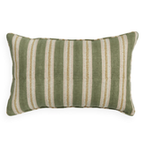 Green and beige striped pillow on a white background