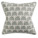 A square throw pillow featuring a repeating damask-style botanical block print in muted sage green and gray on a warm off-white linen-textured background.