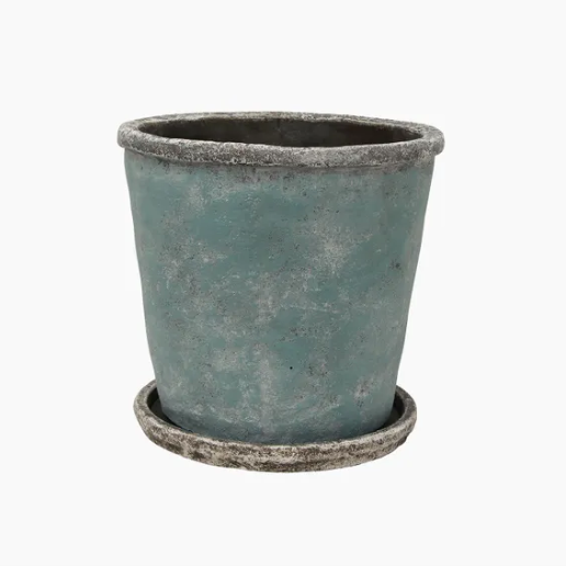 Sea Blue Rustic Planter & Saucer / TALL