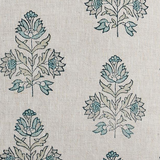 A close-up of a woven fabric with a repeating floral damask pattern in muted teal blue and sage green on a warm off-white linen background.