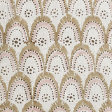 A close-up of a woven fabric with a repeating scalloped arch pattern in beige, dusty pink, and dark brown on an off-white background.