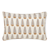A rectangular throw pillow with a repeating feather pattern in brown and gray on a cream linen background, shown against a plain white studio background.